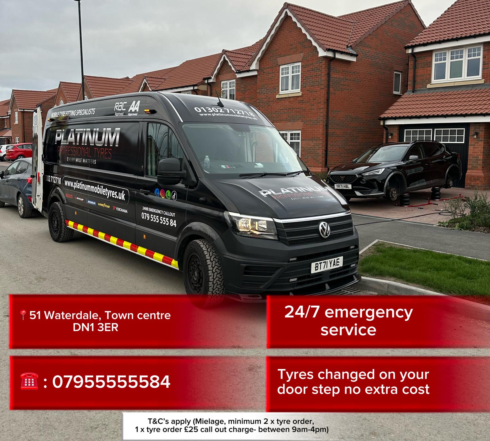Platinum Tyres mobile fitting van responding to a 24hr callout near Doncaster